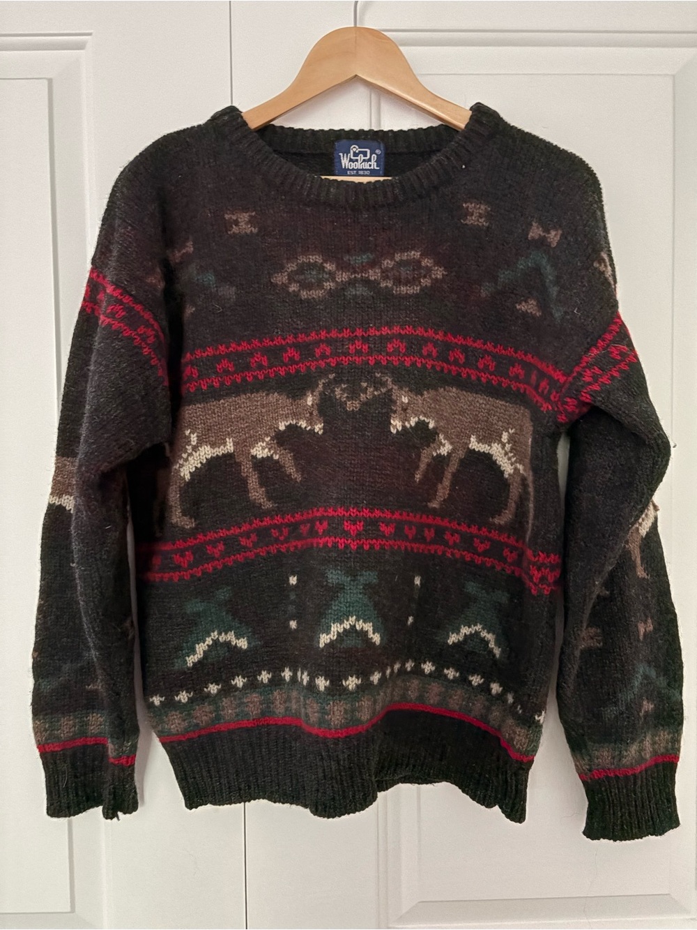 Woolrich Black Knit Crewneck Sweater with Deer Pattern